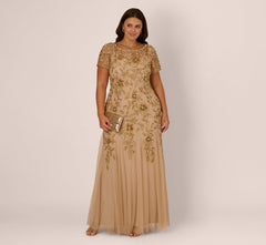 Plus Size Hand Beaded Short Sleeve Floral Godet Gown In Champagne Gold