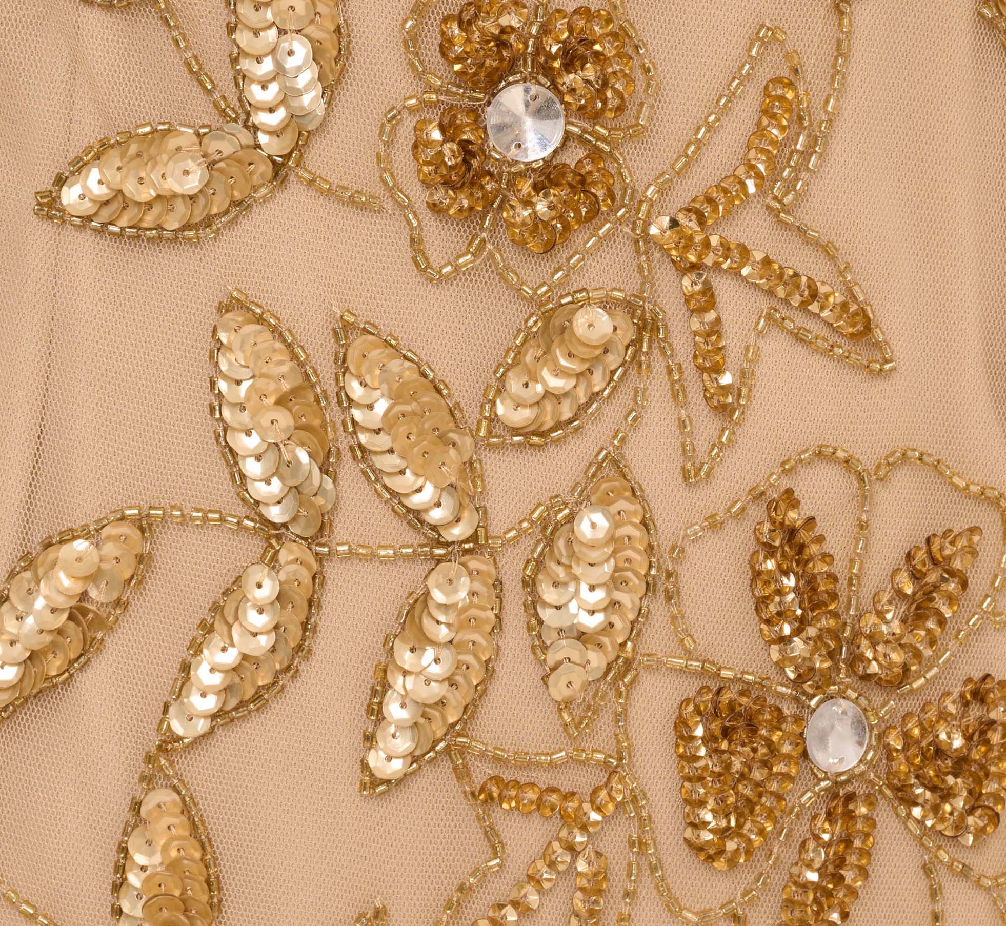 Hand Beaded Short Sleeve Floral Godet Gown In Champagne Gold