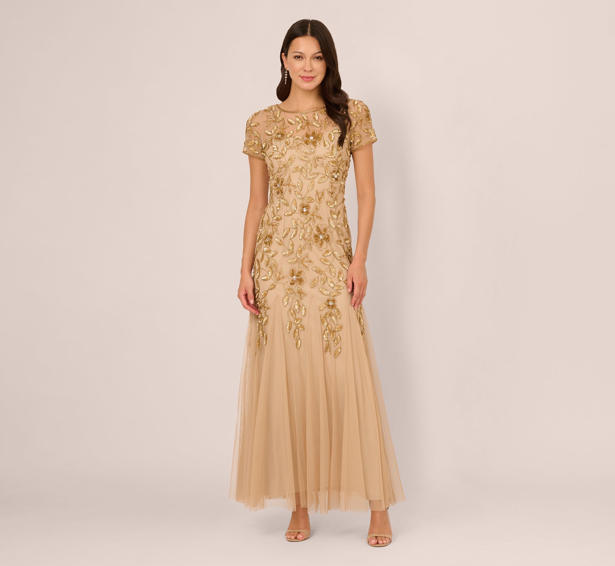 Hand Beaded Short Sleeve Floral Godet Gown In Champagne Gold