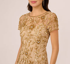 Hand Beaded Short Sleeve Floral Godet Gown In Champagne Gold