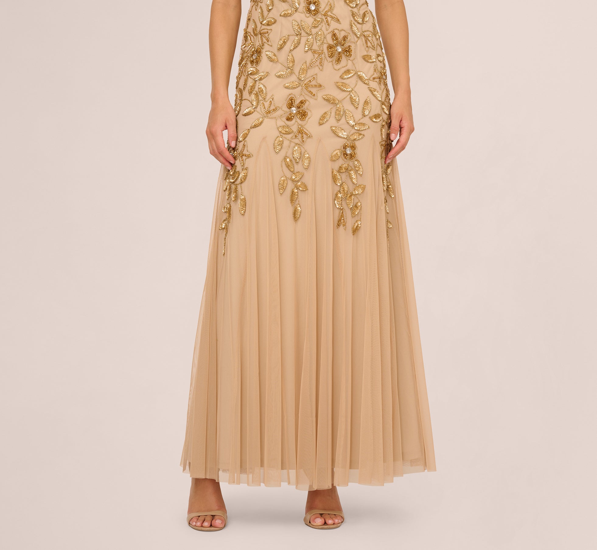 Hand Beaded Short Sleeve Floral Godet Gown In Champagne Gold
