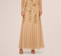 Hand Beaded Short Sleeve Floral Godet Gown In Champagne Gold