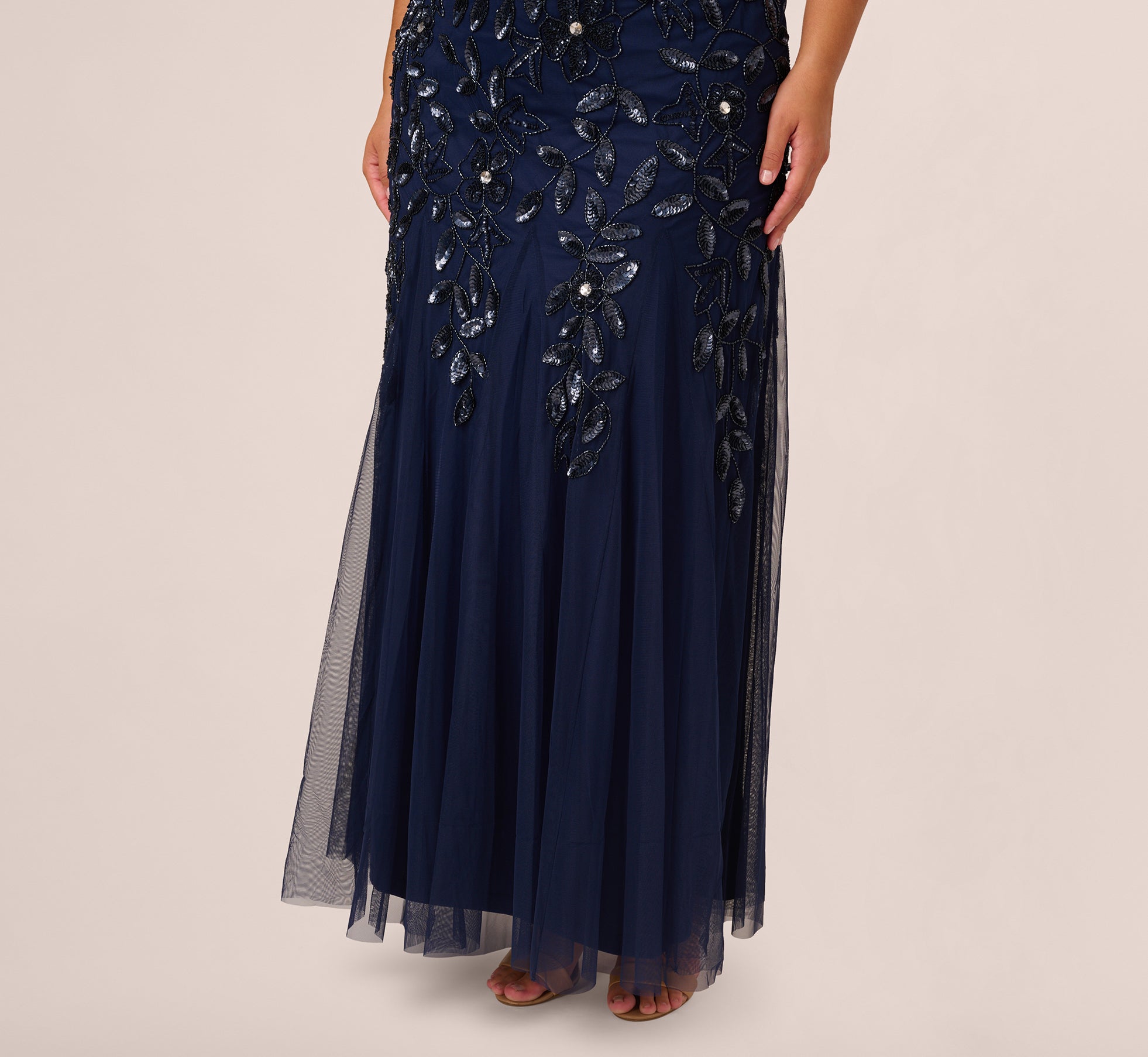 Plus Size Hand Beaded Short Sleeve Floral Godet Gown In Light Navy
