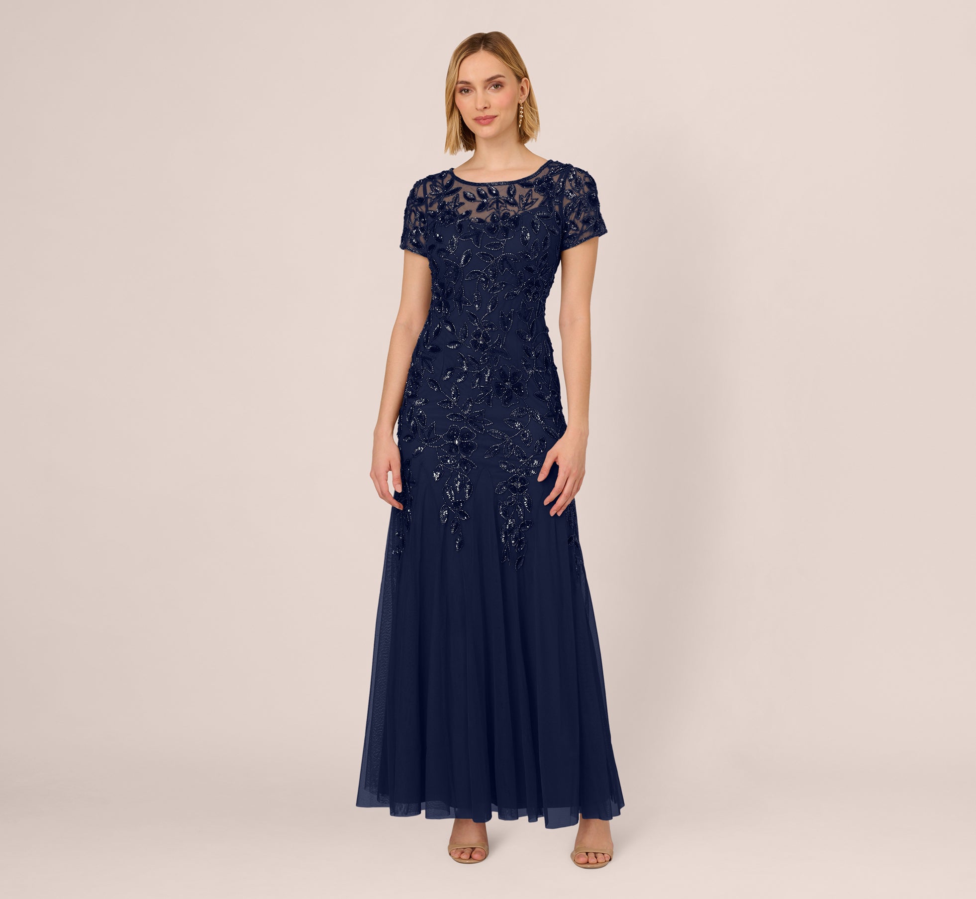 Hand Beaded Short Sleeve Floral Godet Gown In Light Navy