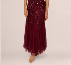 Hand Beaded Short Sleeve Floral Godet Gown In Mahogany