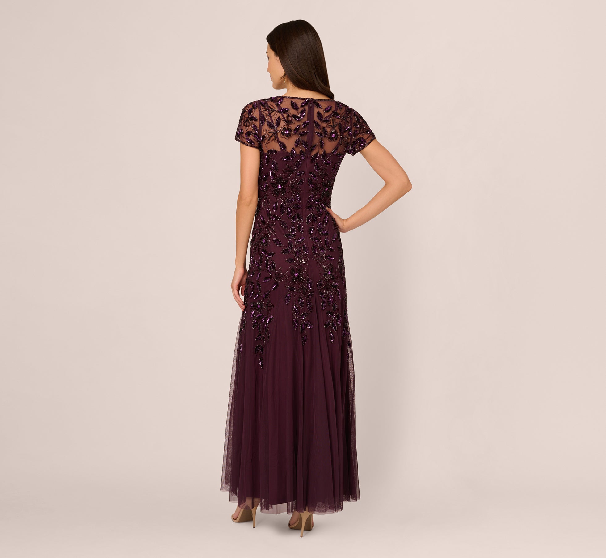 Hand Beaded Short Sleeve Floral Godet Gown In Night Plum