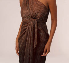 Stardust Pleated Draped One Shoulder Gown In Copper