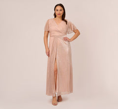Plus Size Metallic Mesh Draped Gown In Rose Gold