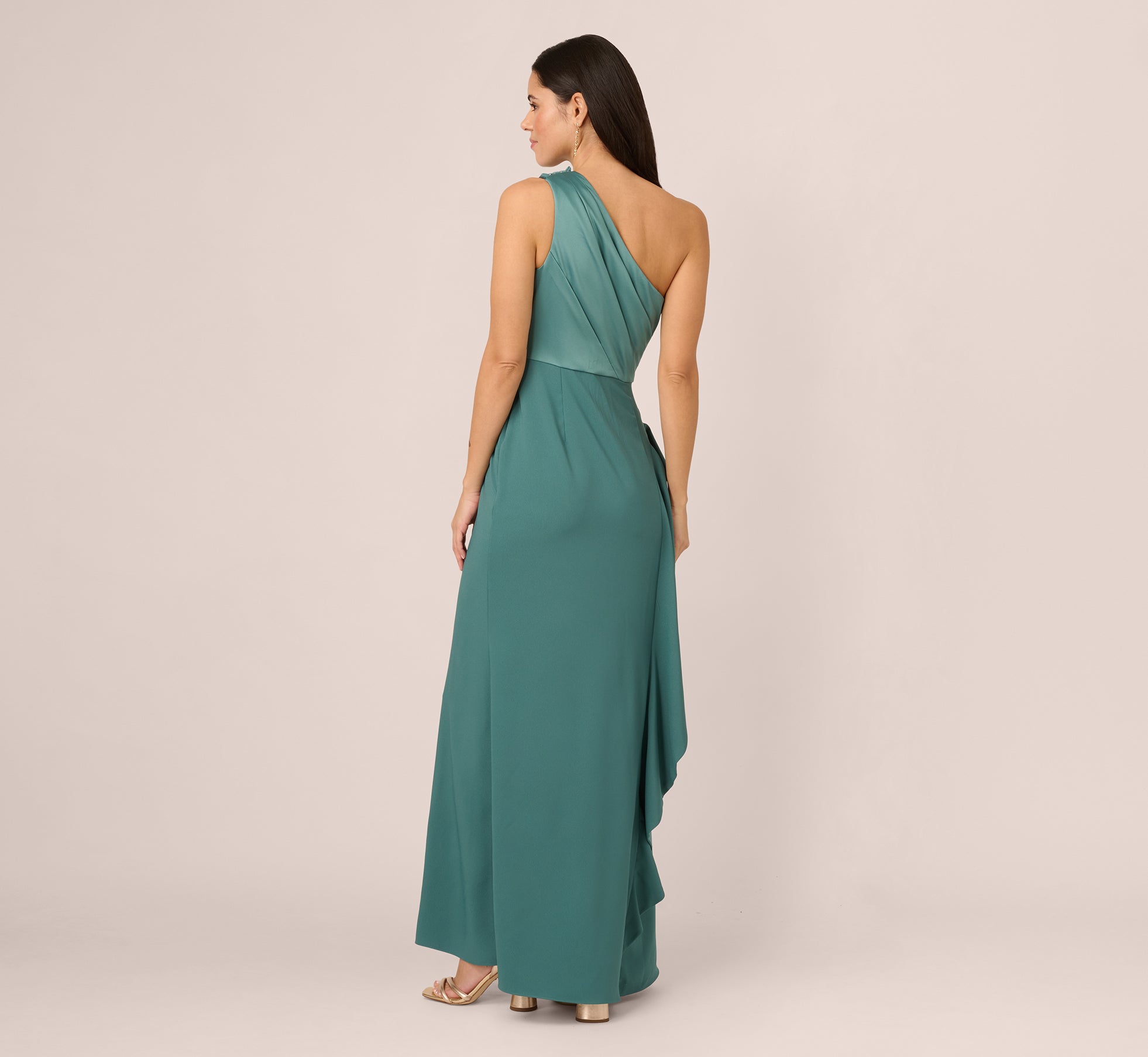 One-Shoulder Long Satin Crepe Mermaid Gown In Green Slate