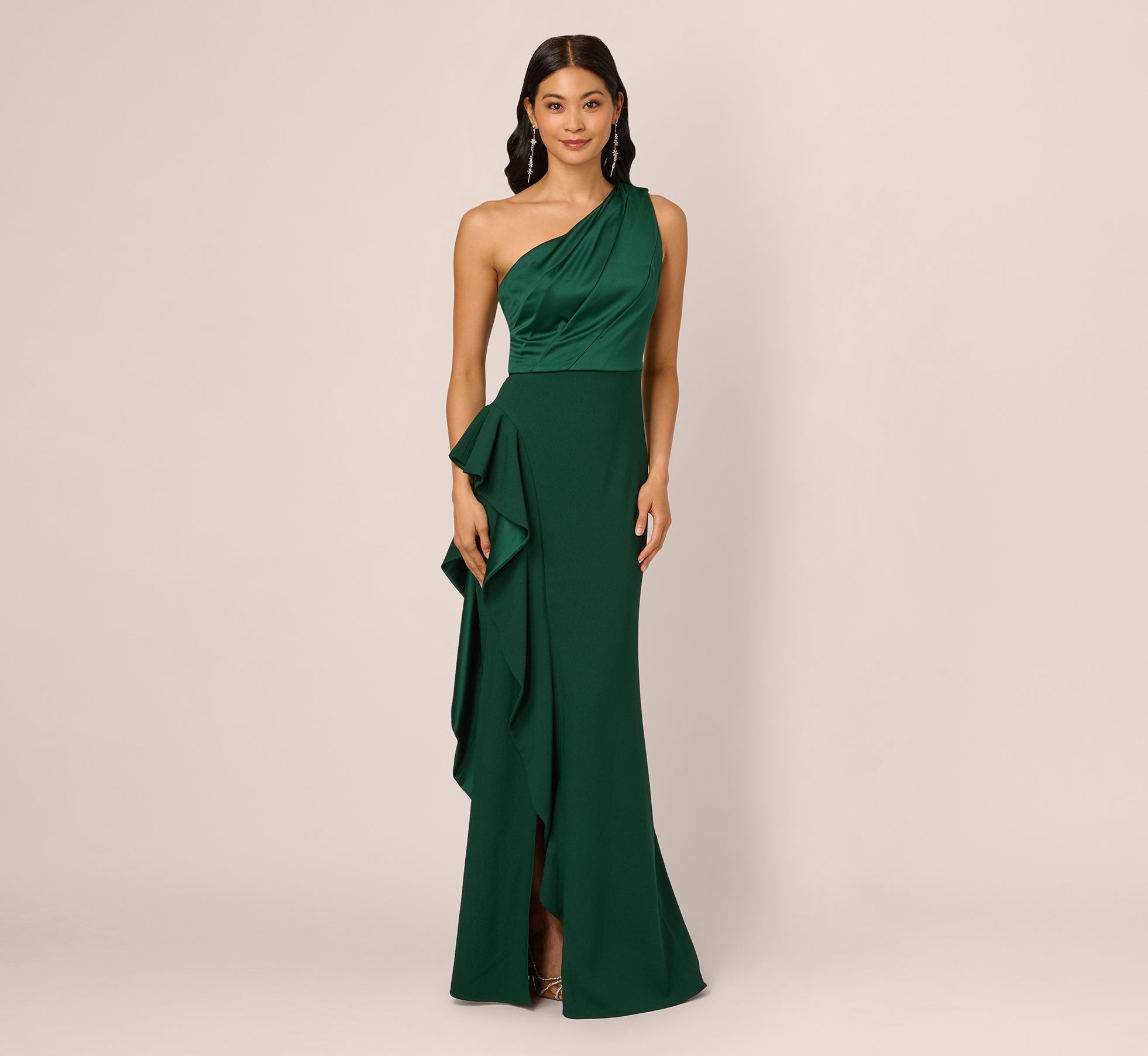 One-Shoulder Long Satin Crepe Mermaid Gown In Deep Forest