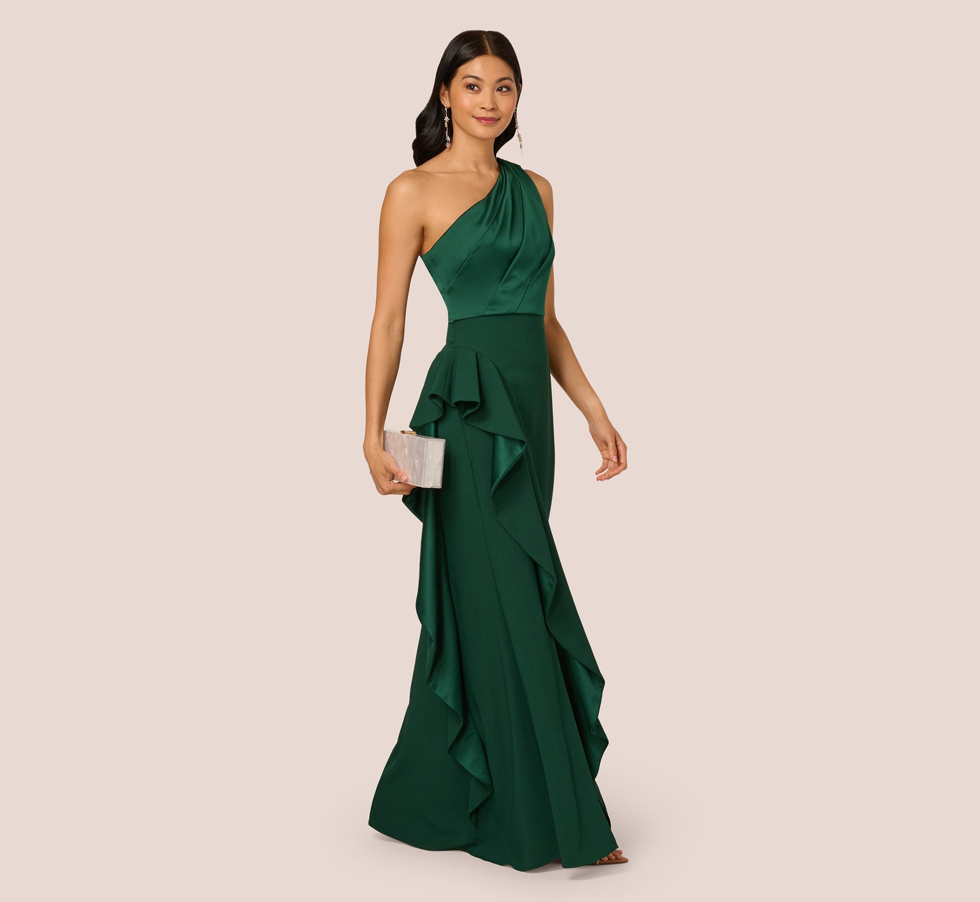 One-Shoulder Long Satin Crepe Mermaid Gown In Deep Forest