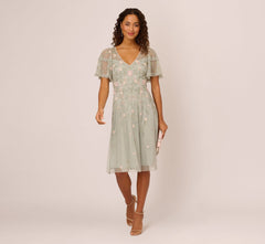 Beaded Midi Dress With Sheer Ruffled Sleeves In Frosted Sage
