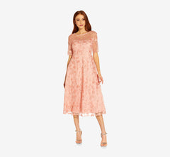 3D Floral Embroidered And Hand-Sequined Tea-Length Fit-And Flare Cocktail Dress In Peach Blossom