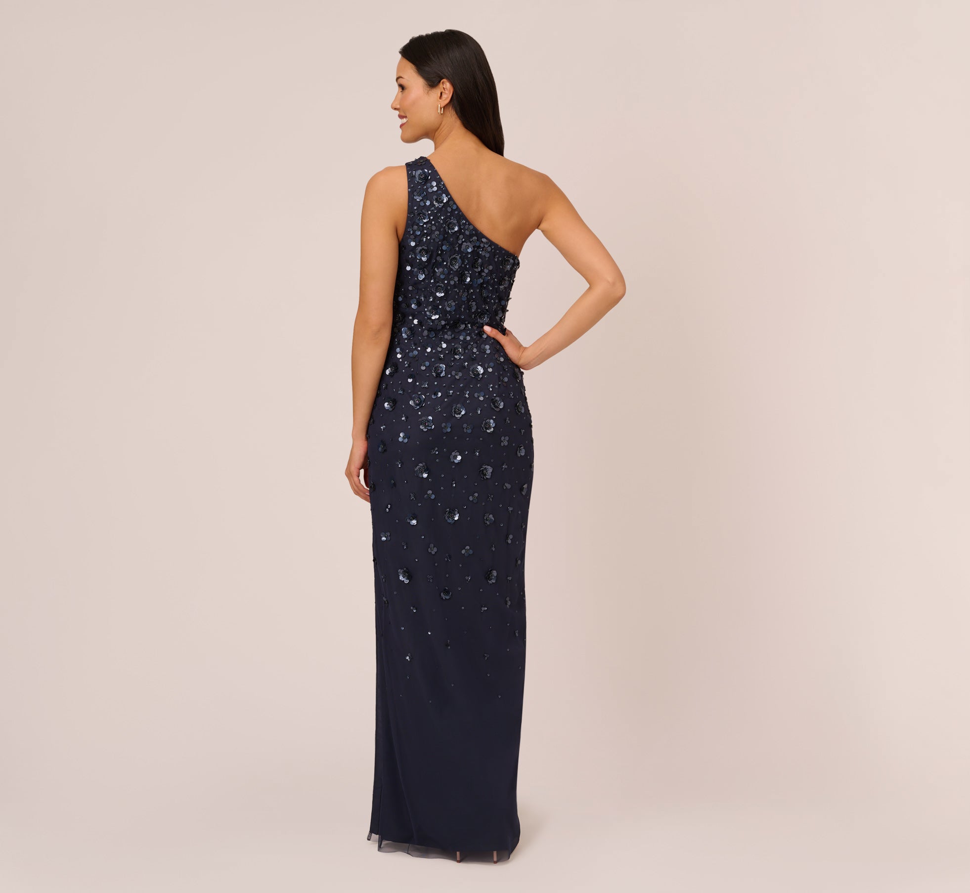 3D Floral Hand-Beaded One-Shoulder Long Column Gown In Dusty Navy