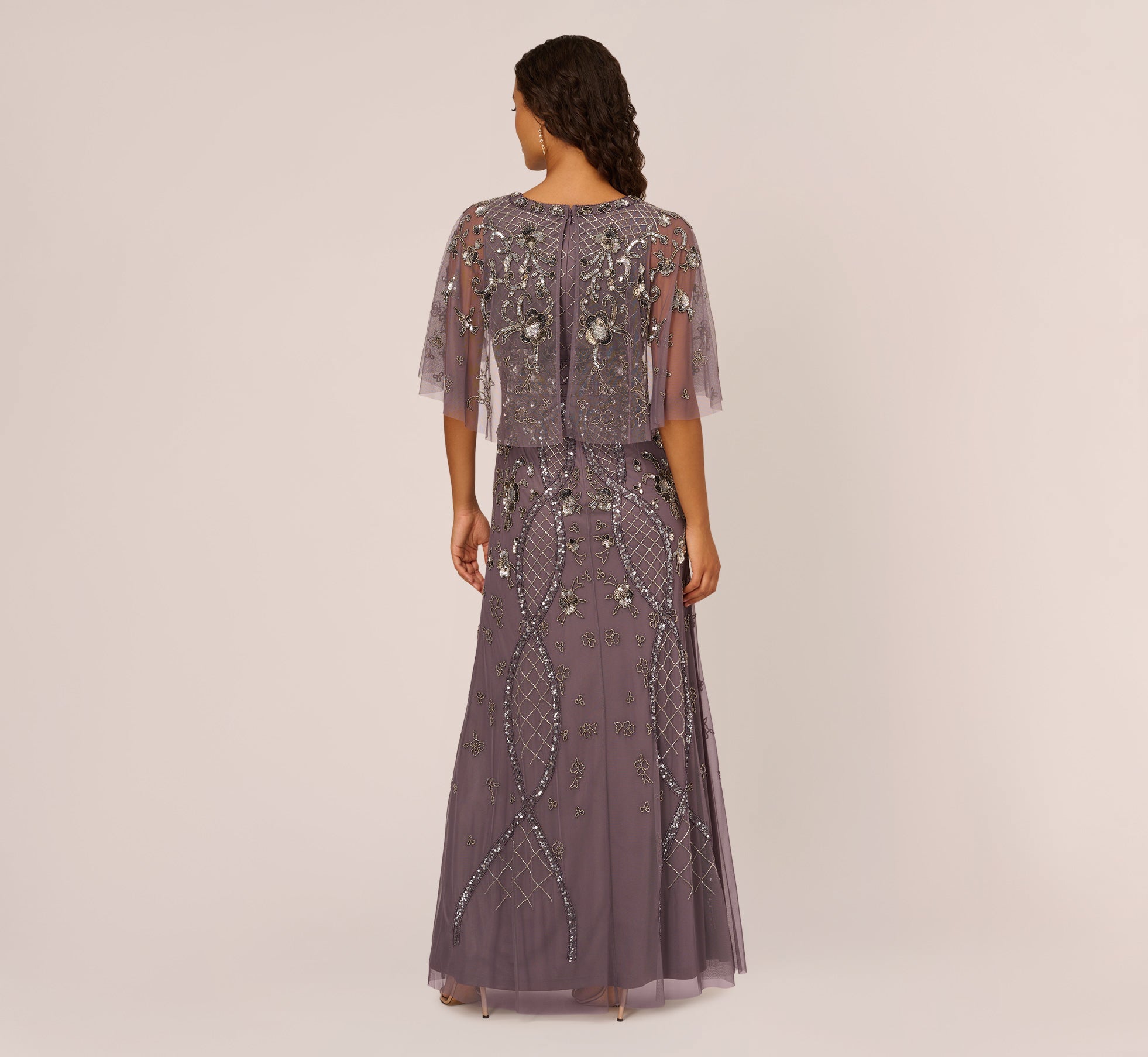 Sequin Beaded Gown With Sheer Cape Sleeves In Moonscape