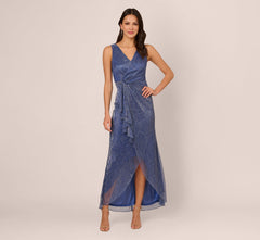 Metallic Mesh Faux Wrap Gown With Ruffle Accents In Light Navy