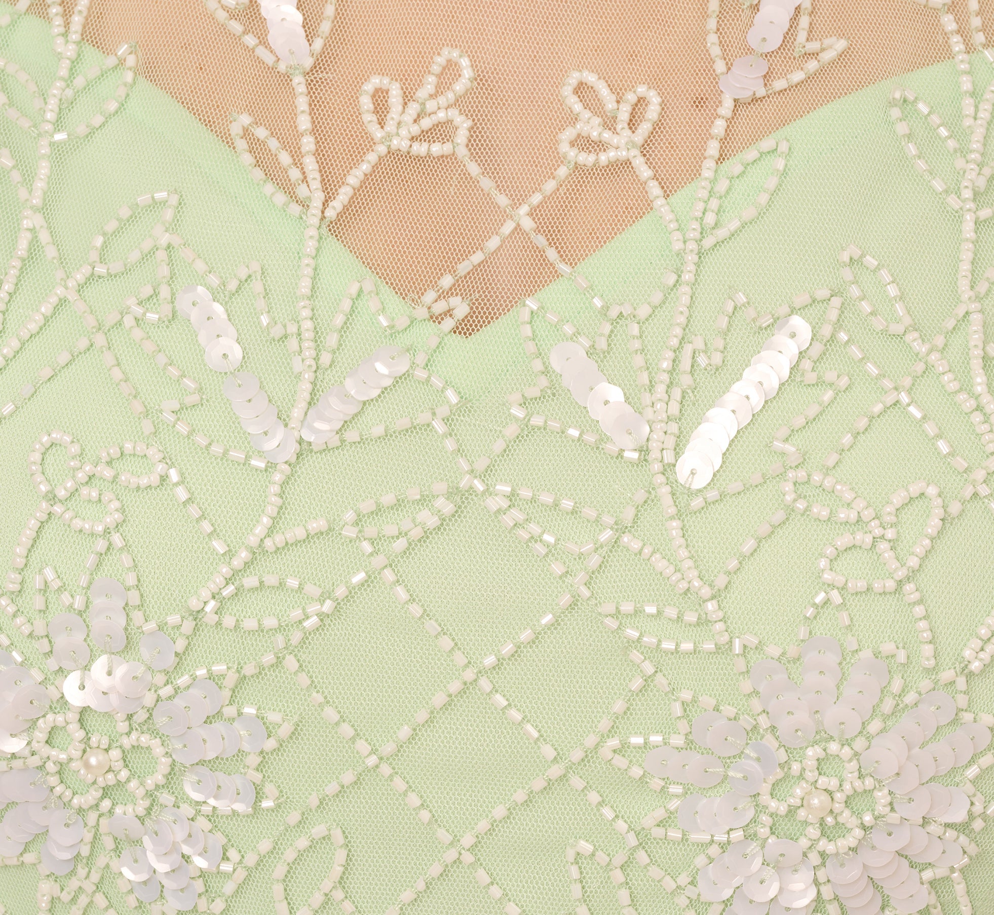 Beaded Ankle-Length Dress With Sheer Neckline In Aloe Mist Ivory