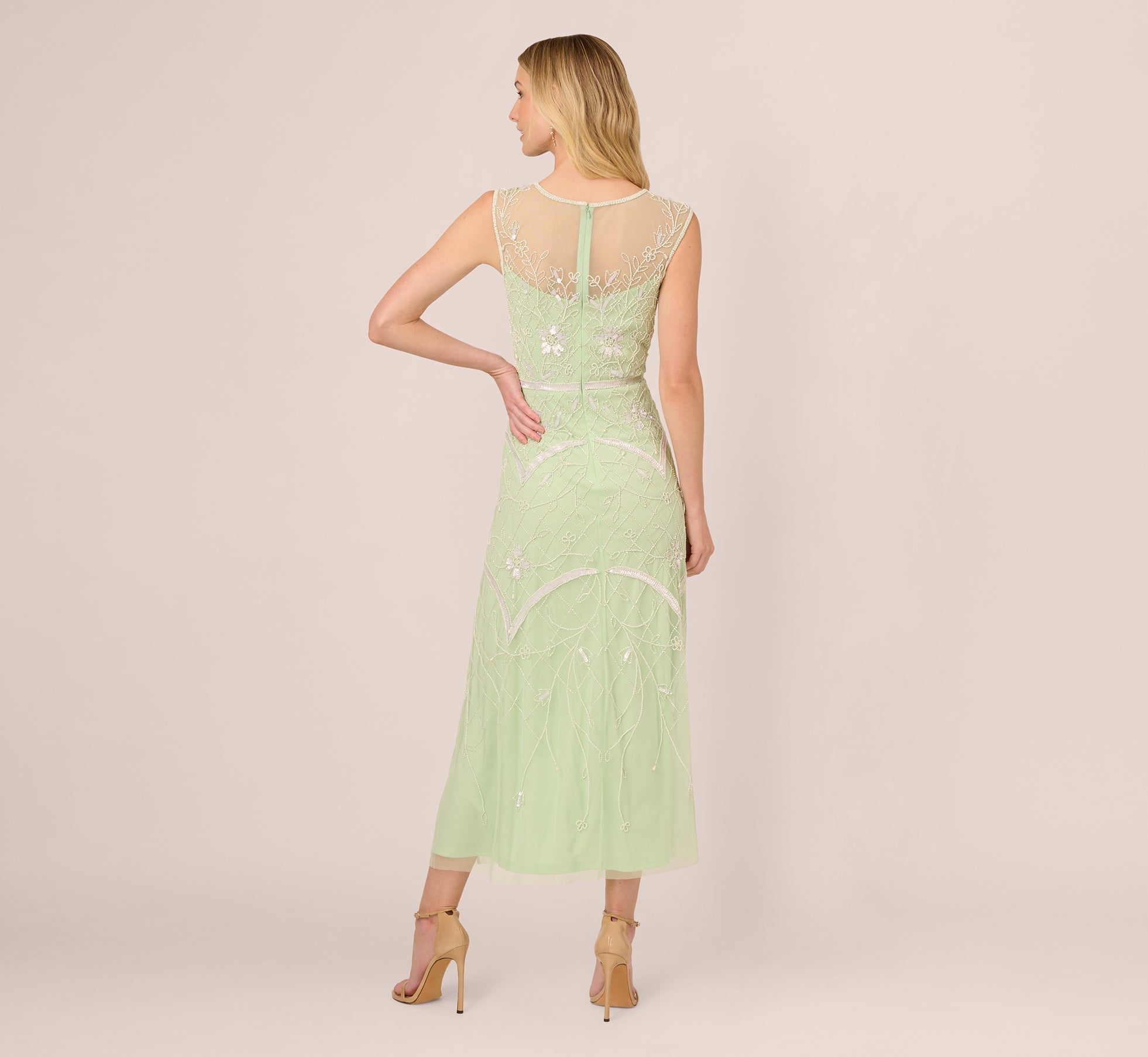 Beaded Ankle-Length Dress With Sheer Neckline In Aloe Mist Ivory