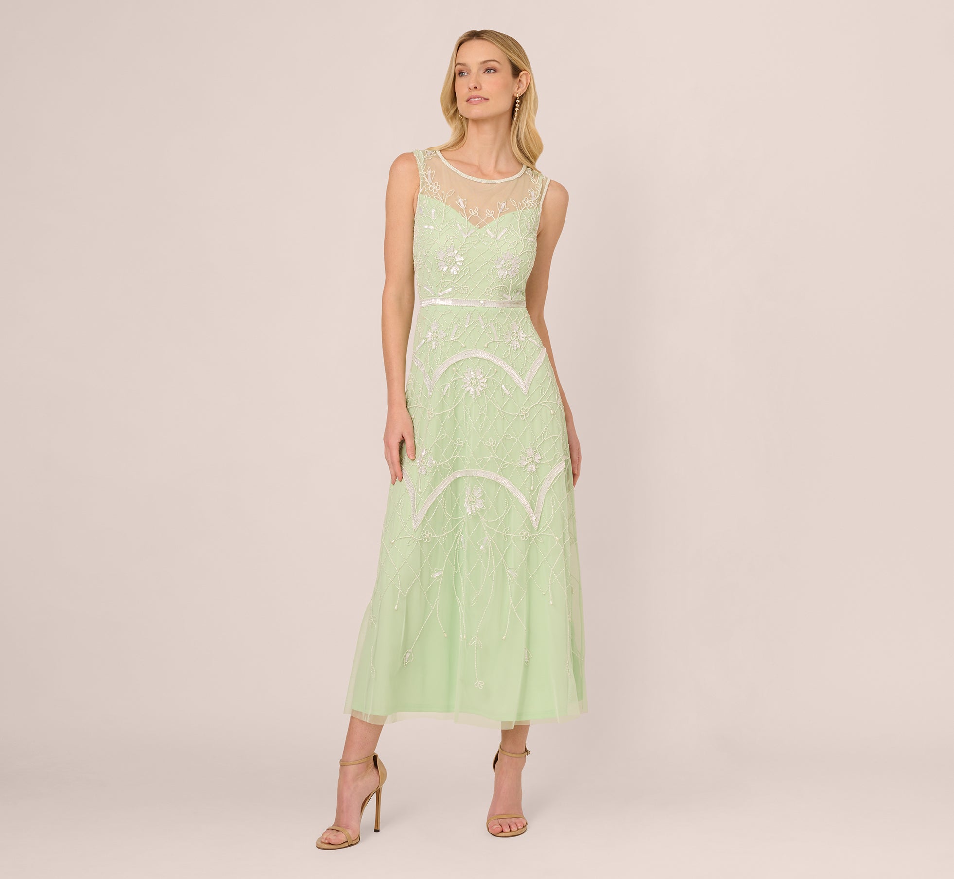 Beaded Ankle-Length Dress With Sheer Neckline In Aloe Mist Ivory