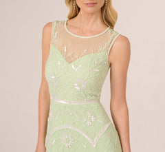 Beaded Ankle-Length Dress With Sheer Neckline In Aloe Mist Ivory