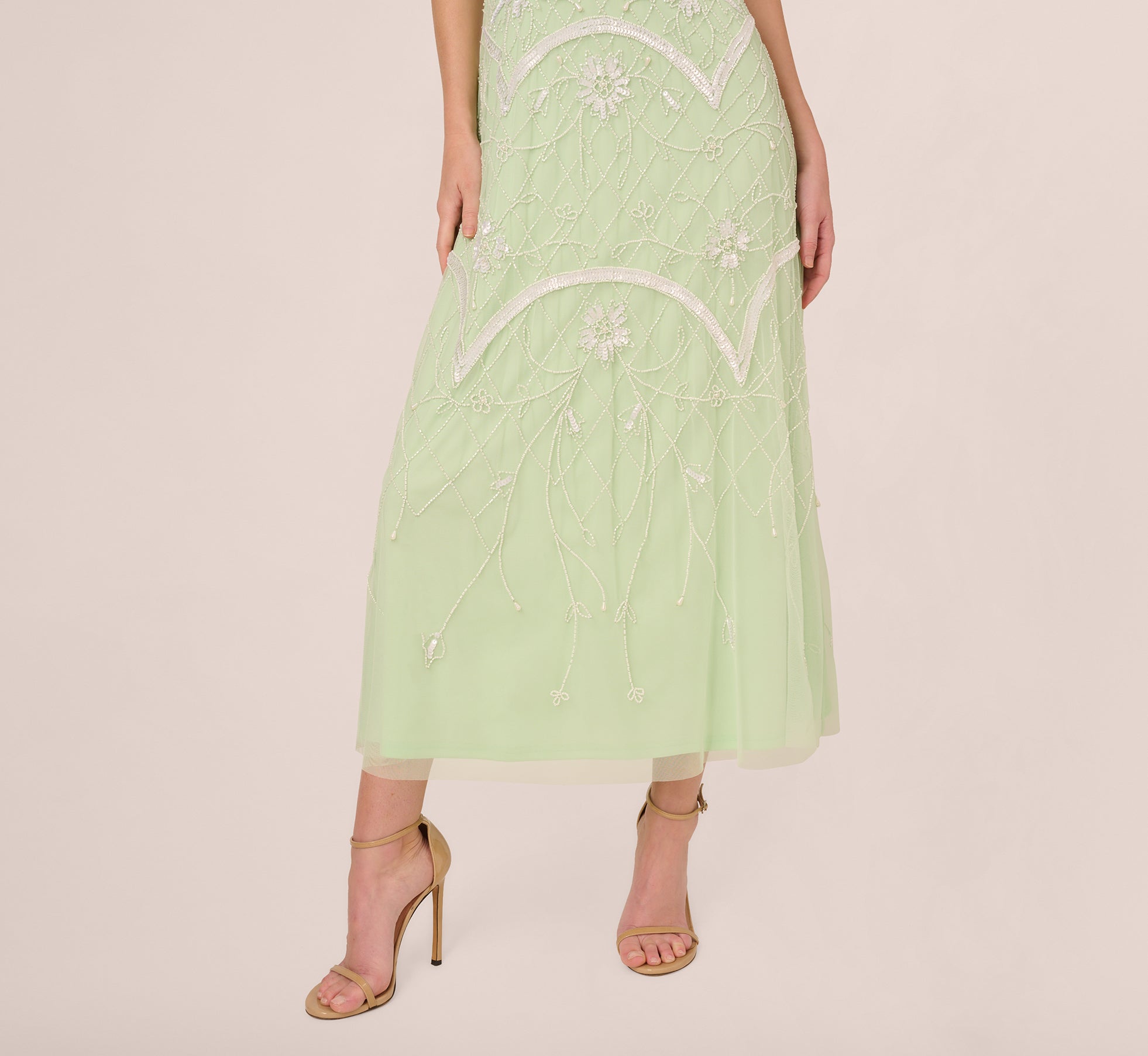 Beaded Ankle-Length Dress With Sheer Neckline In Aloe Mist Ivory