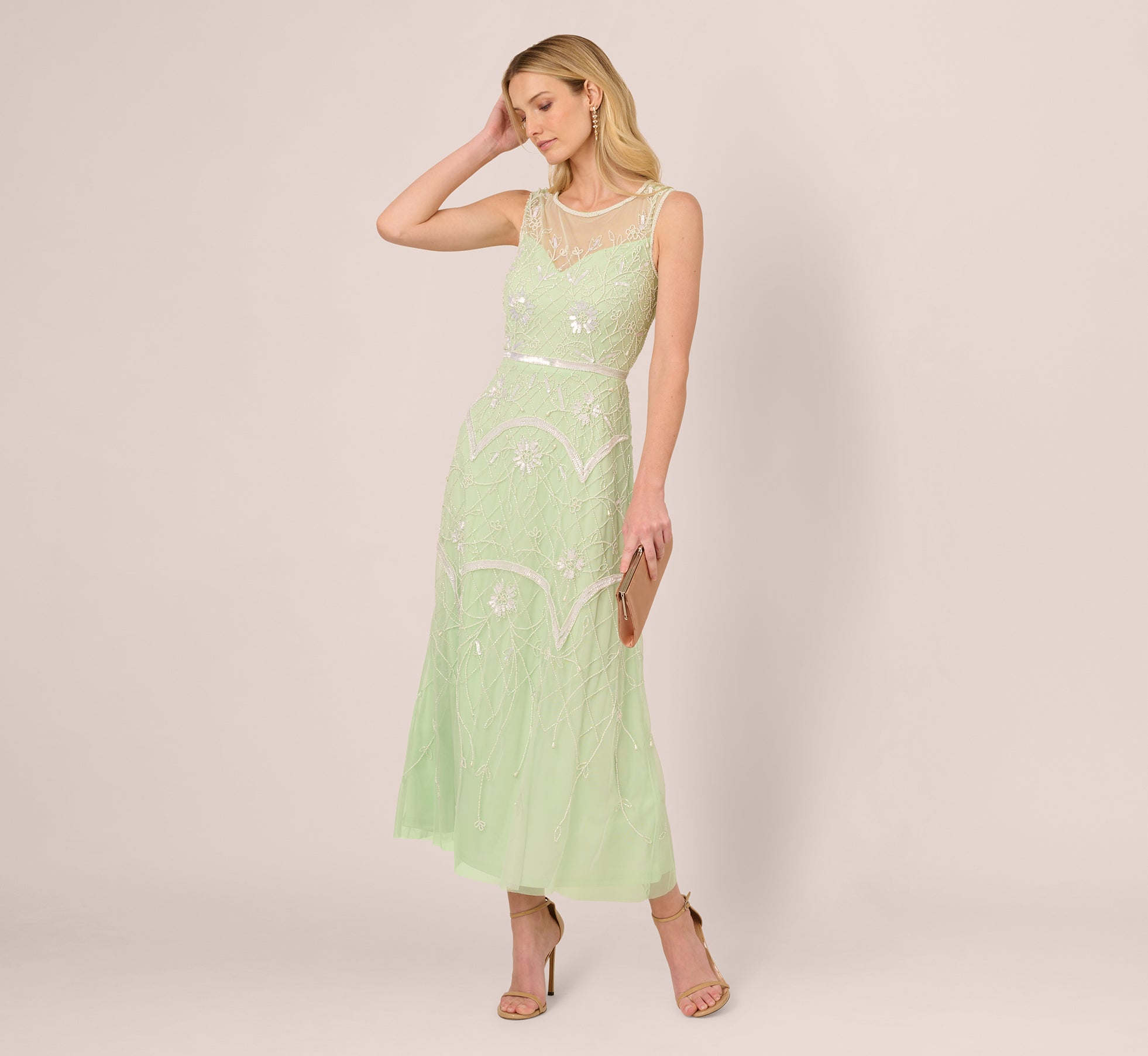 Beaded Ankle-Length Dress With Sheer Neckline In Aloe Mist Ivory