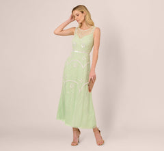 Beaded Ankle-Length Dress With Sheer Neckline In Aloe Mist Ivory