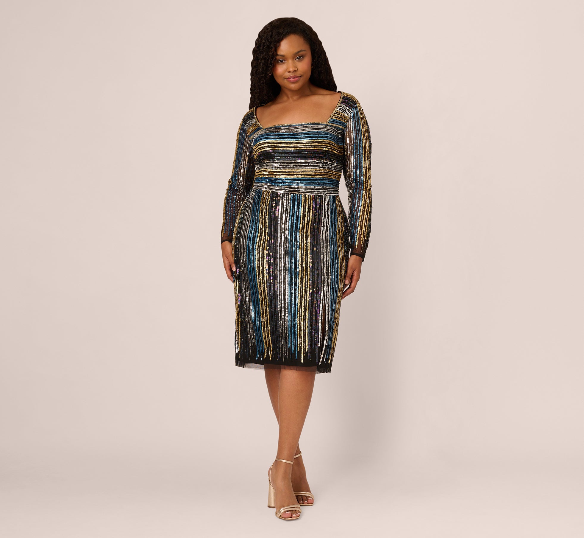Plus Size Sequin Beaded Sheath Dress With Sheer Long Sleeves In Black Blue Multi
