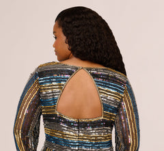 Plus Size Sequin Beaded Sheath Dress With Sheer Long Sleeves In Black Blue Multi