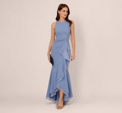 High Low Crepe Halter Gown With Organza Draping In French Blue