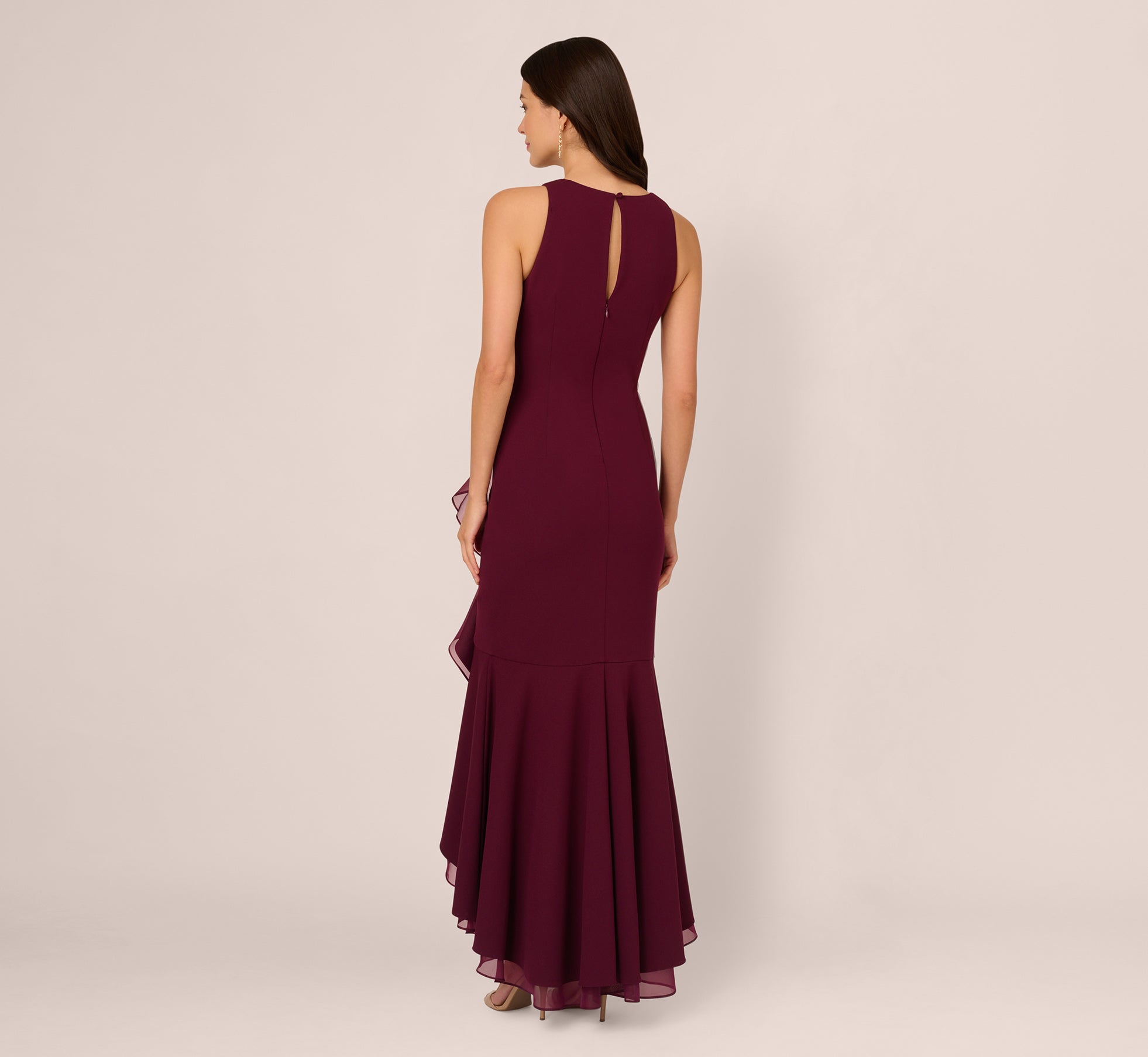 High Low Crepe Halter Gown With Organza Draping In Cabernet
