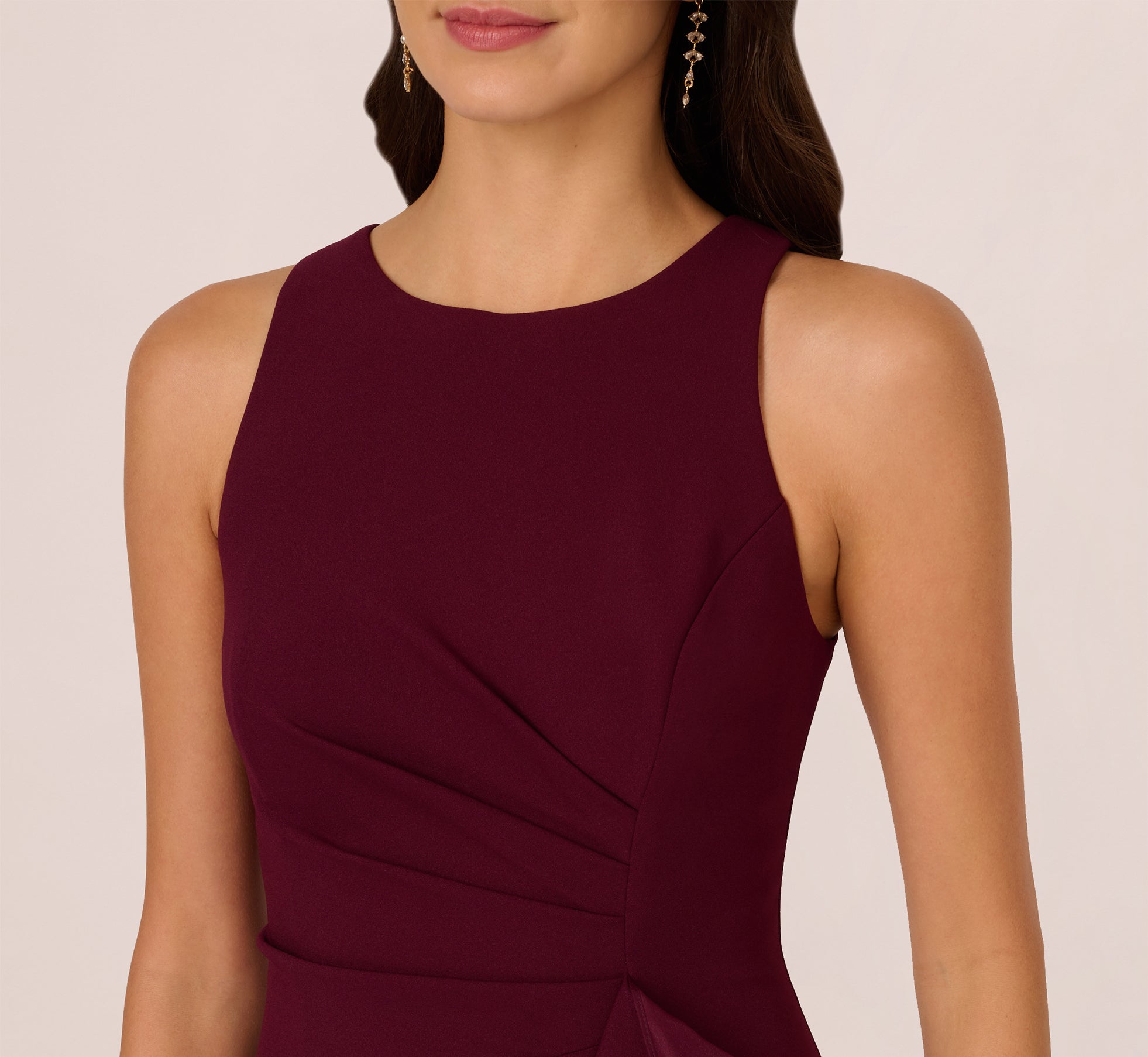 High Low Crepe Halter Gown With Organza Draping In Cabernet