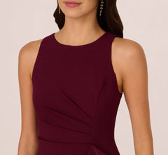 High Low Crepe Halter Gown With Organza Draping In Cabernet