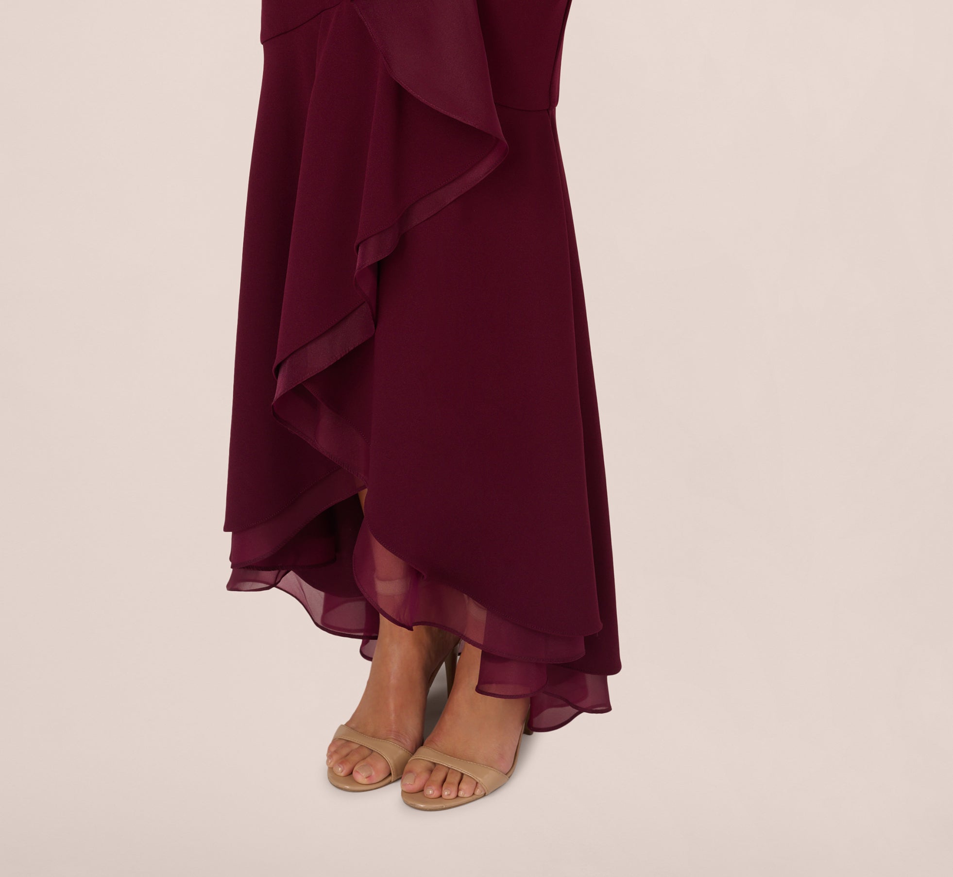 High Low Crepe Halter Gown With Organza Draping In Cabernet