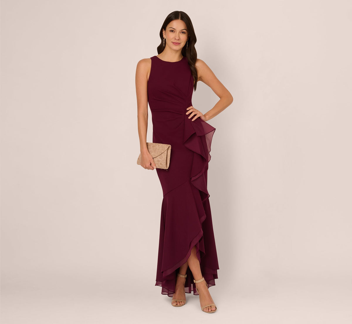 High Low Crepe Halter Gown With Organza Draping In Cabernet