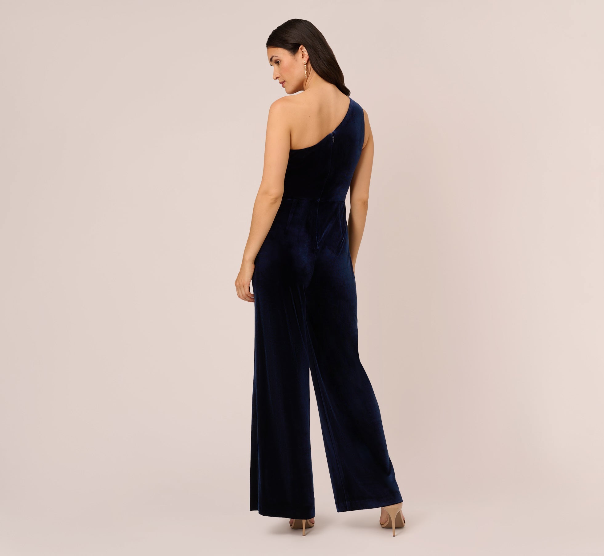 One Shoulder Velvet Jumpsuit With Draped Accent In Midnight