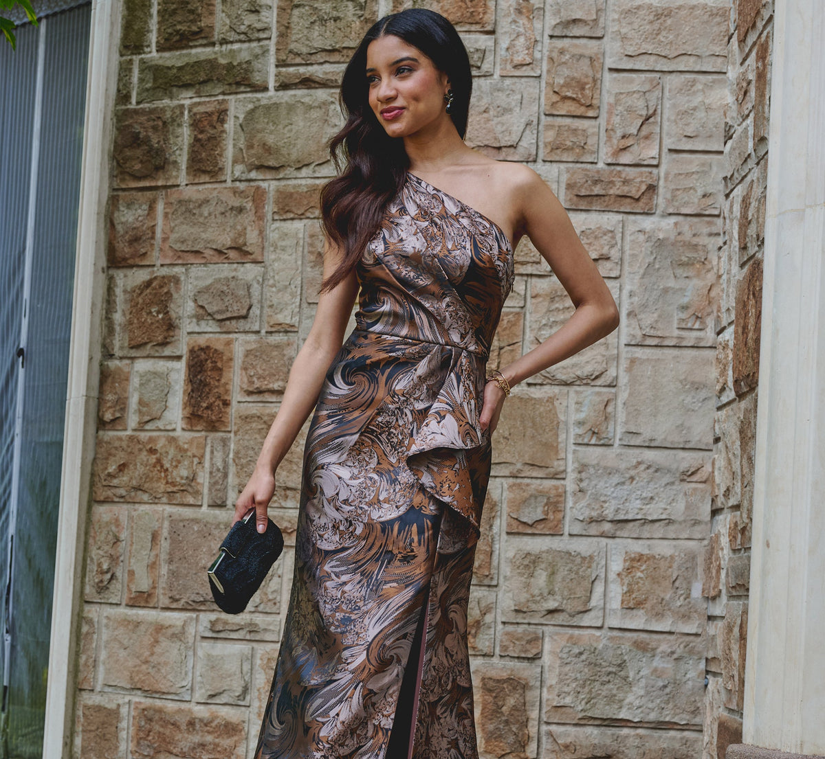 One Shoulder Jacquard Mermaid Gown With Drape Detail In Copper Chocolate