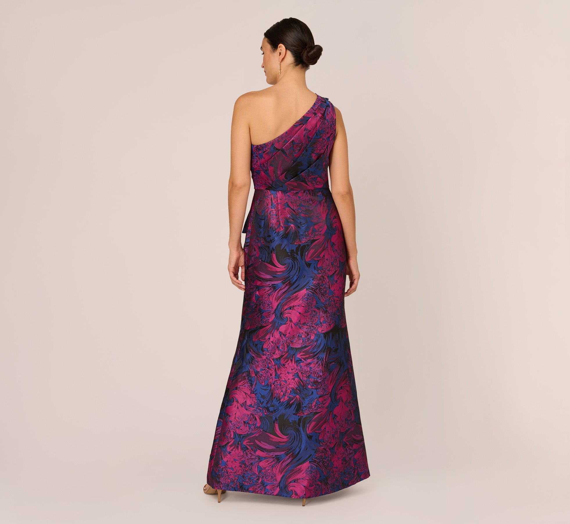 One Shoulder Jacquard Mermaid Gown With Drape Detail In Navy Orchid