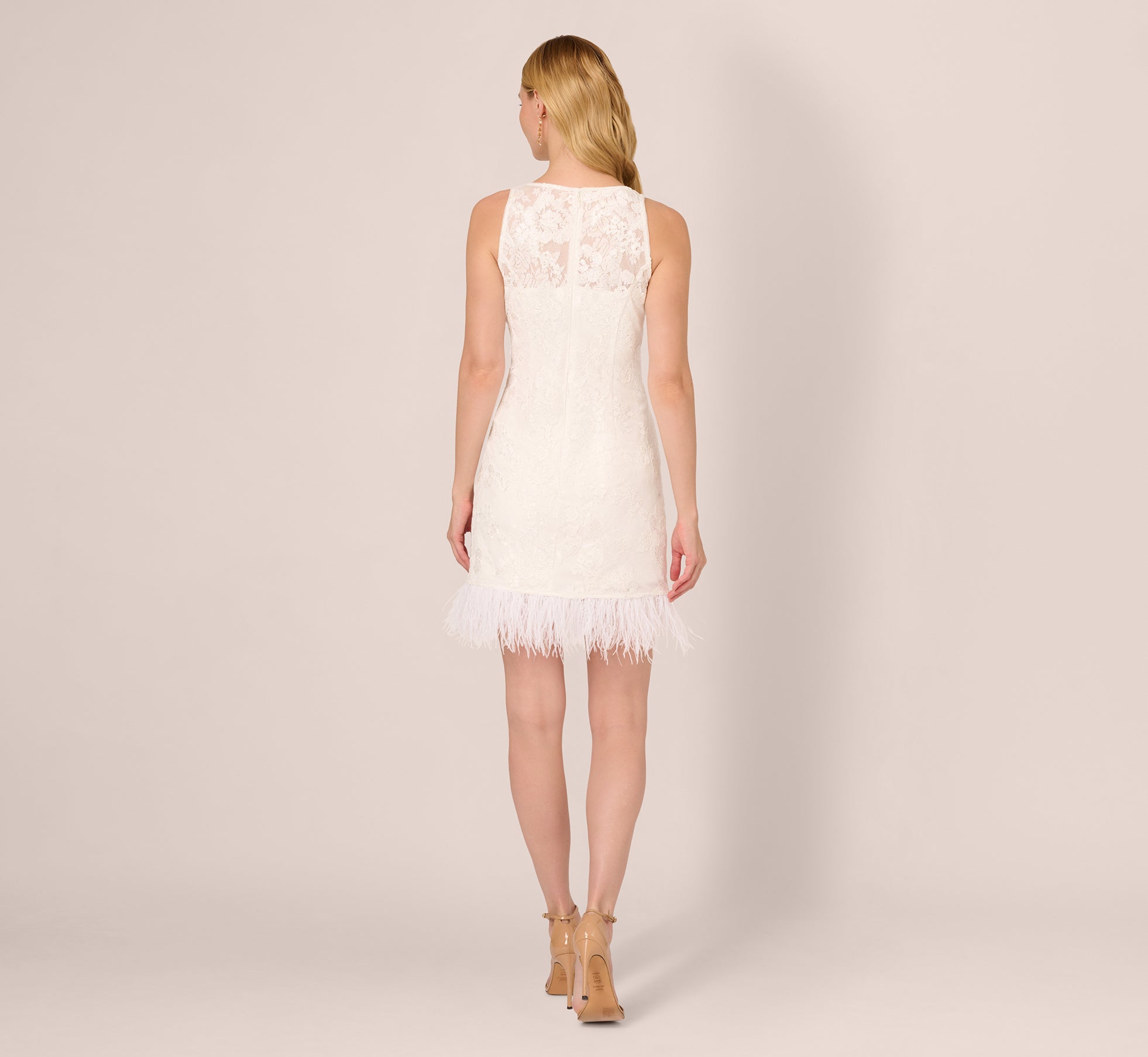 Sleeveless Floral Lace Dress With Feather Trim In Ivory