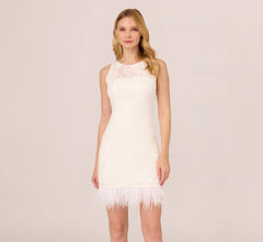 Sleeveless Floral Lace Dress With Feather Trim In Ivory