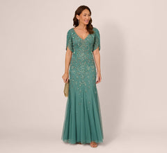 Beaded Mermaid Gown With Sheer Petal Sleeves In Green Slate