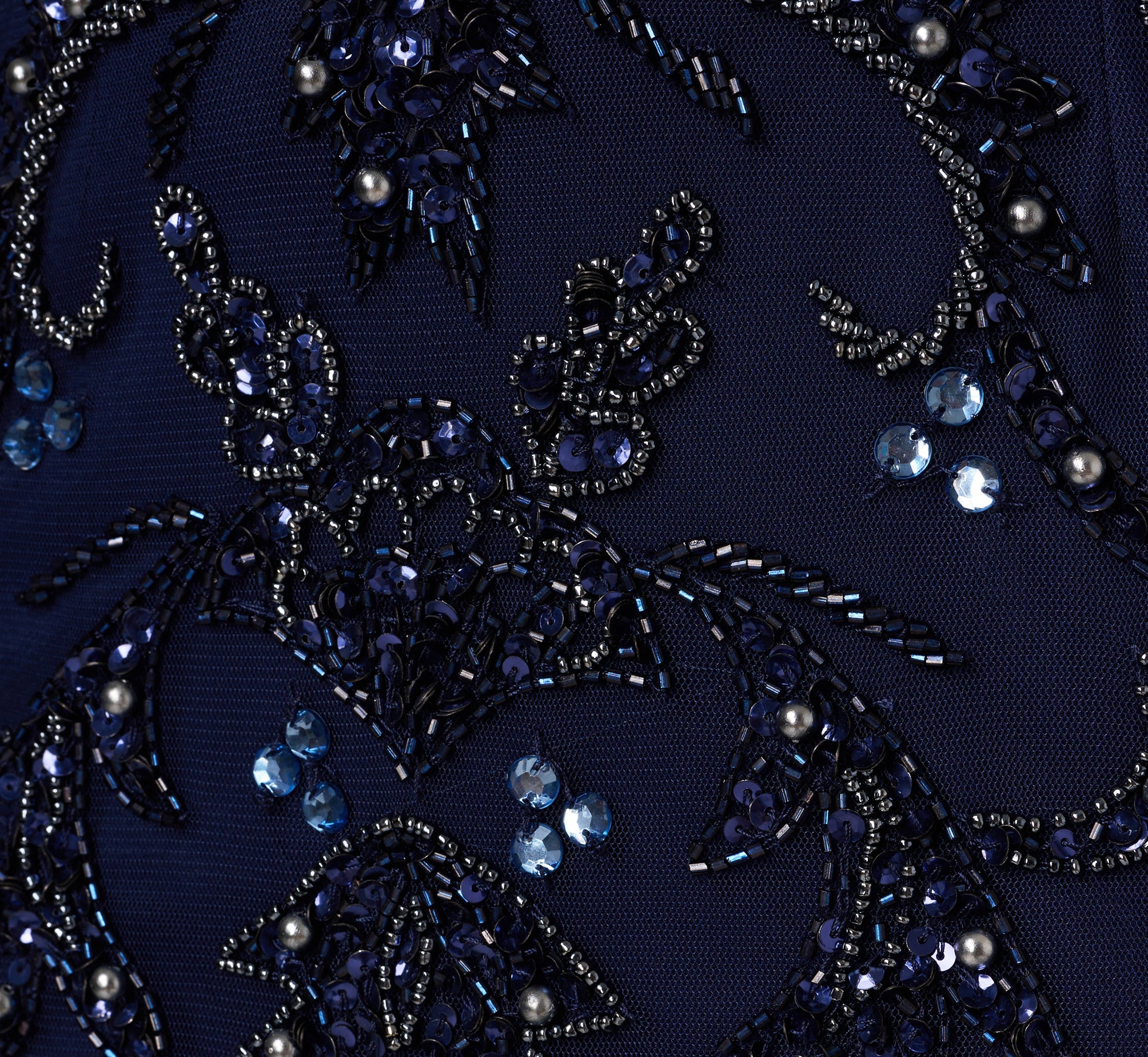 Beaded Mermaid Gown With Sheer Petal Sleeves In Light Navy