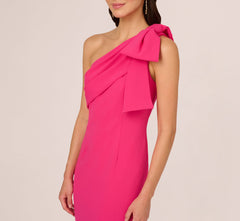 Stretch Crepe One Shoulder Mermaid Gown With Bow Accent In Hot Pink
