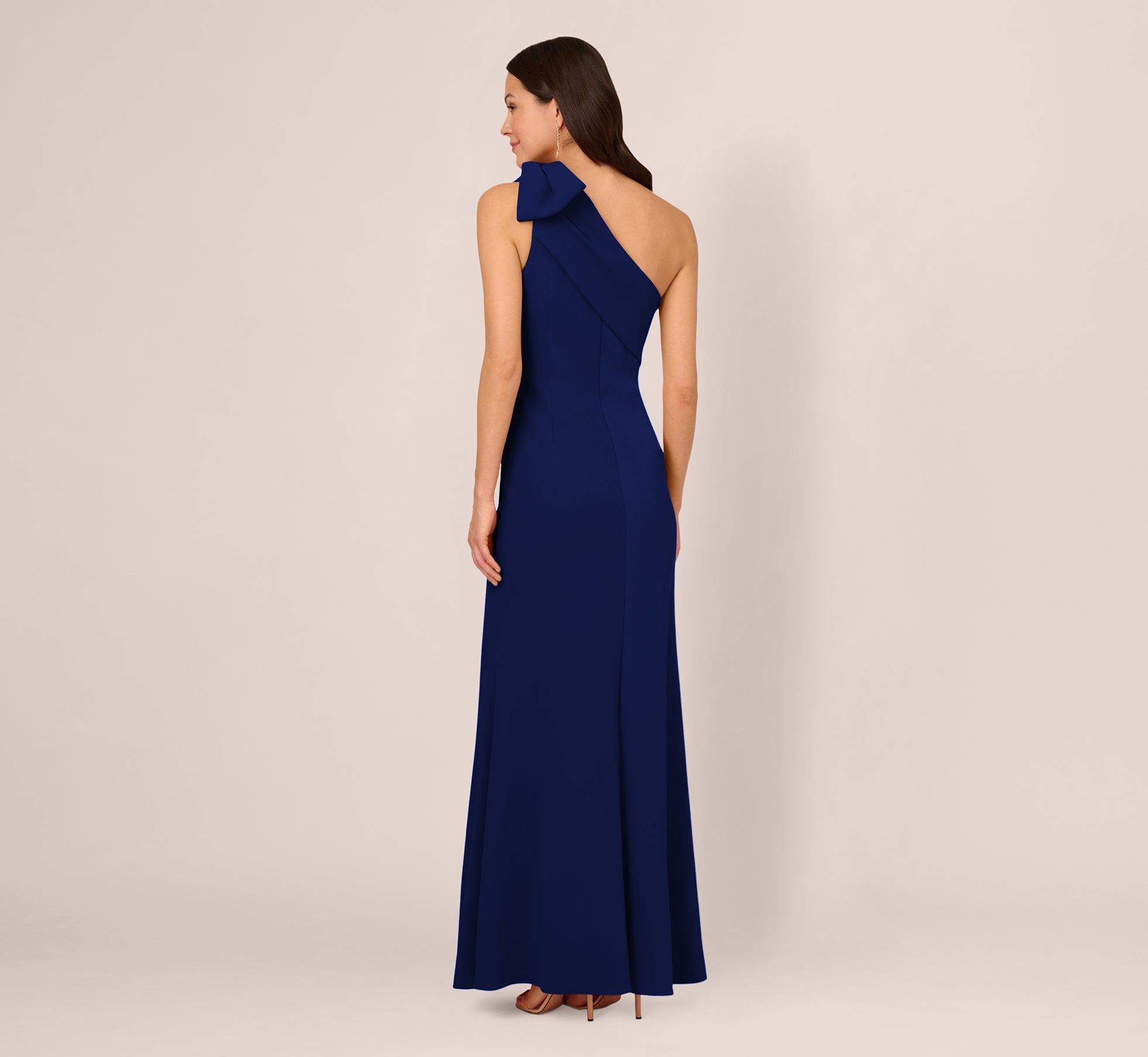 Stretch Crepe One Shoulder Mermaid Gown With Bow Accent In Navy Sateen