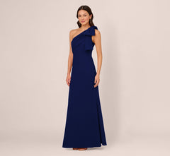 Stretch Crepe One Shoulder Mermaid Gown With Bow Accent In Navy Sateen