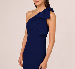 Stretch Crepe One Shoulder Mermaid Gown With Bow Accent In Navy Sateen