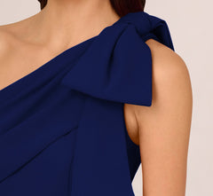 Stretch Crepe One Shoulder Mermaid Gown With Bow Accent In Navy Sateen