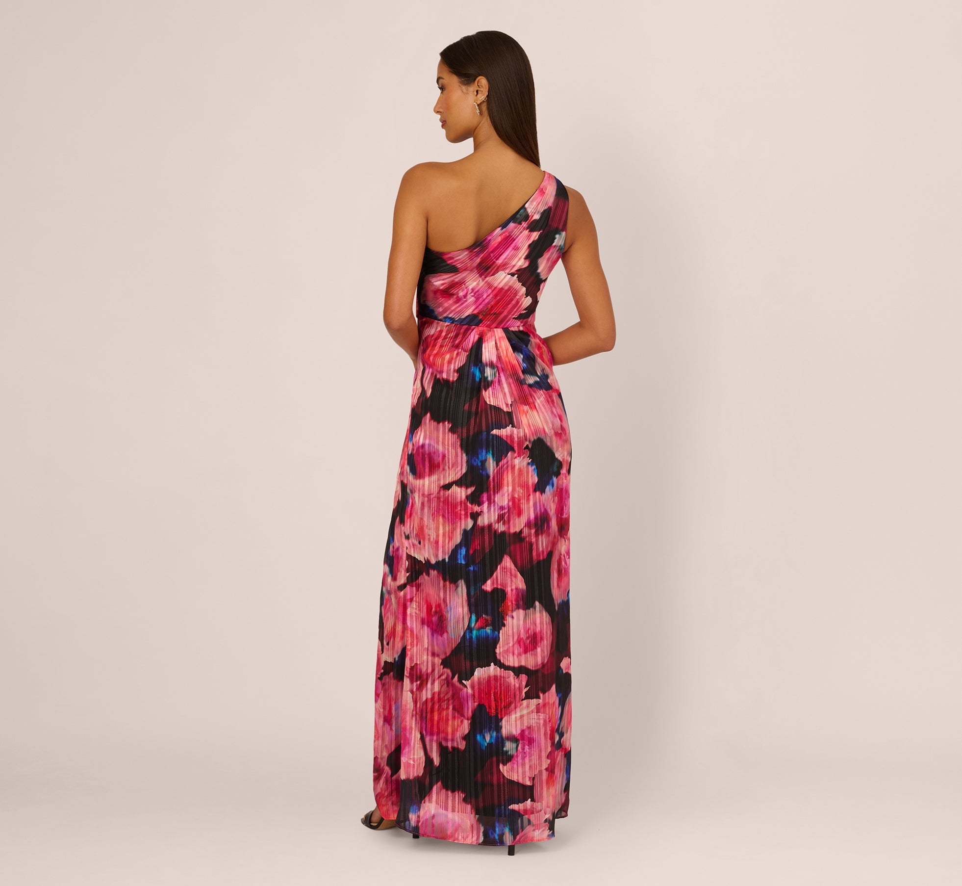 Floral Print Chiffon Gown With One Shoulder Neckline In Black Berry