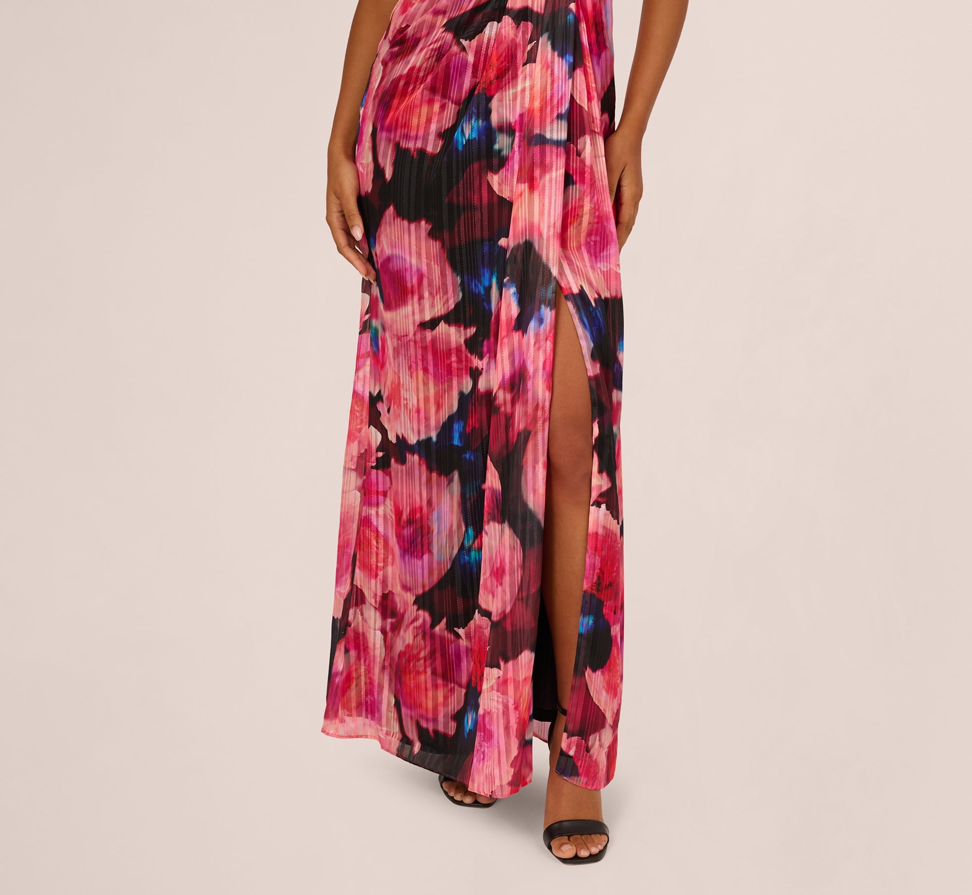 Floral Print Chiffon Gown With One Shoulder Neckline In Black Berry