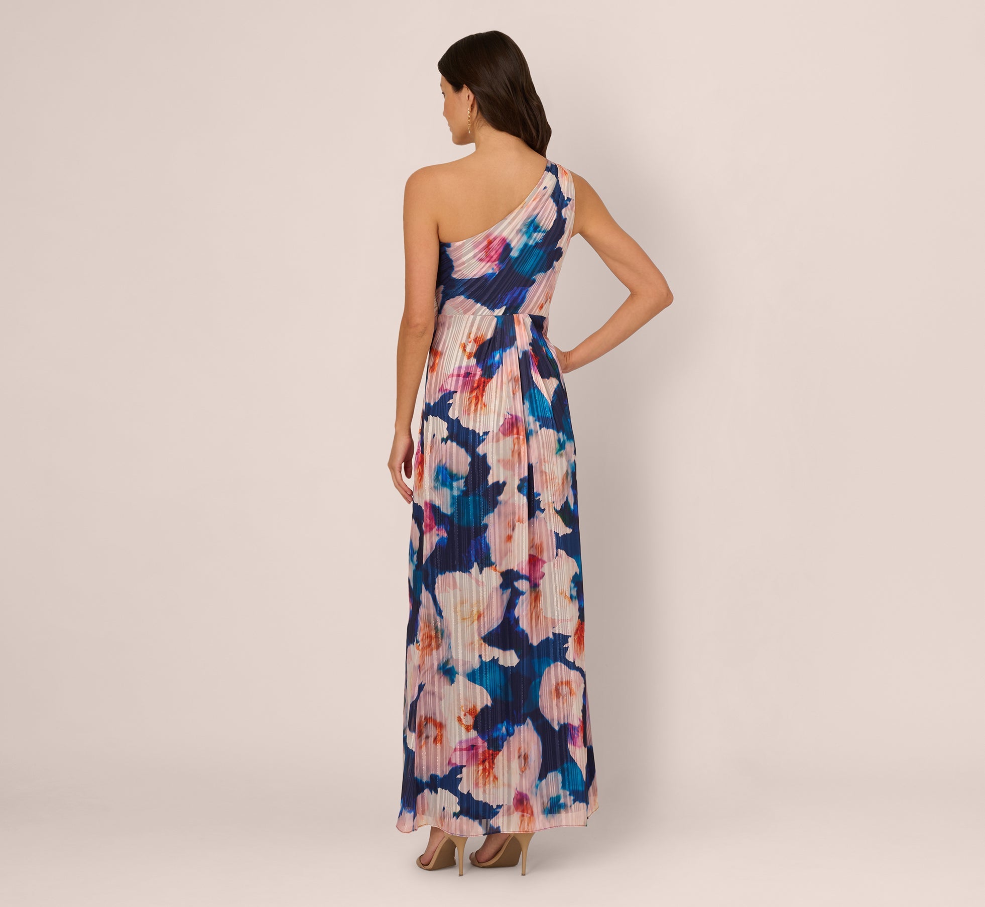 Floral Print Chiffon Gown With One Shoulder Neckline In Navy Blush